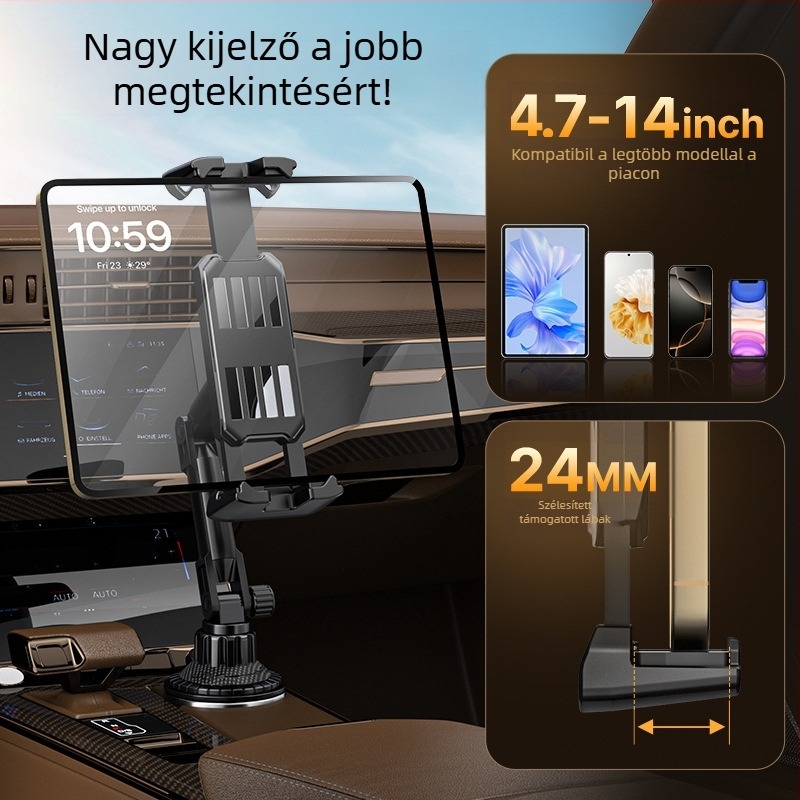Autóban használható telefon- és tablet-tartó — univerzális tartó navigációhoz és iPadhez, Snap-on szerelés, illeszkedik a pohártartó helyéhez a középkonzolban, az első ülésnél