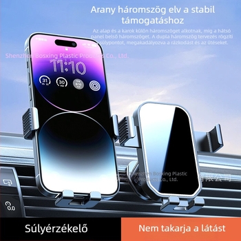Autó légcsatornához készült telefontartó gravitációs automatikus zárással, háromszög alakú kialakítás, univerzális navigációhoz
