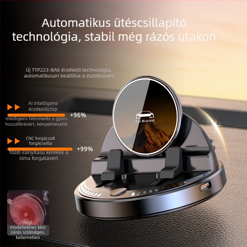 Autótelefon-tartó 15W-os vezeték nélküli töltéssel, csúszásmentes szilikon, 360°-os forgás, felrögzíthető a műszerfalra