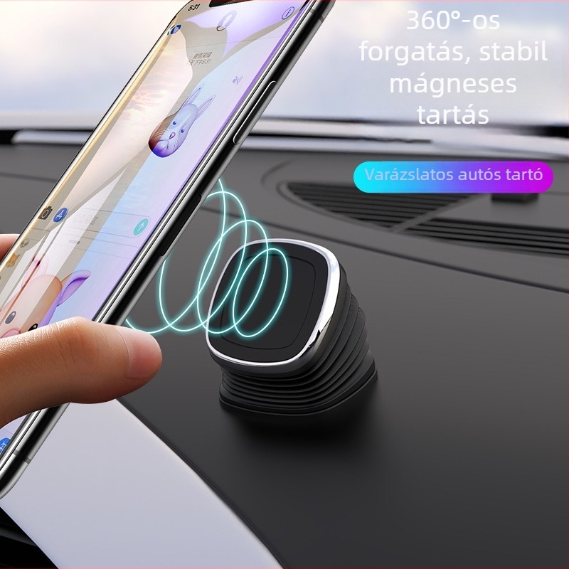 360°-os forgású mágneses autós telefon-tartó, műszerfalra szerelhető, univerzális, modell 1048