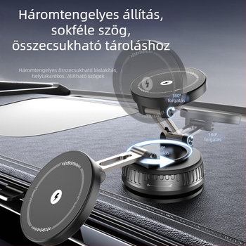 Autóhoz való telefontartó vezeték nélküli töltéssel, mágneses, 15W, univerzális, vákuumos rögzítés