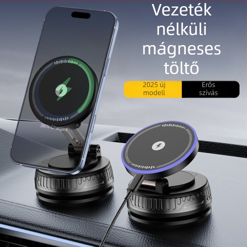 Autóhoz való telefontartó vezeték nélküli töltéssel, mágneses, 15W, univerzális, vákuumos rögzítés