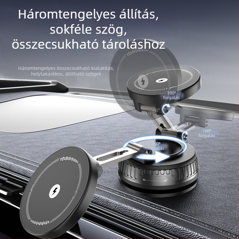 Autóhoz való telefontartó vezeték nélküli töltéssel, mágneses, 15W, univerzális, vákuumos rögzítés
