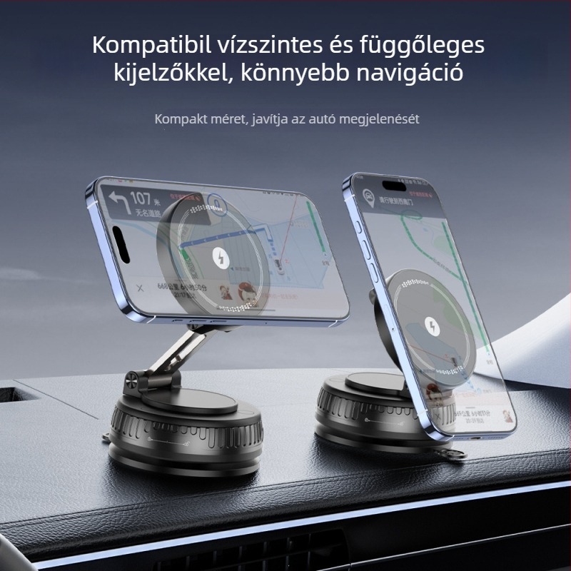 Autóhoz való telefontartó vezeték nélküli töltéssel, mágneses, 15W, univerzális, vákuumos rögzítés