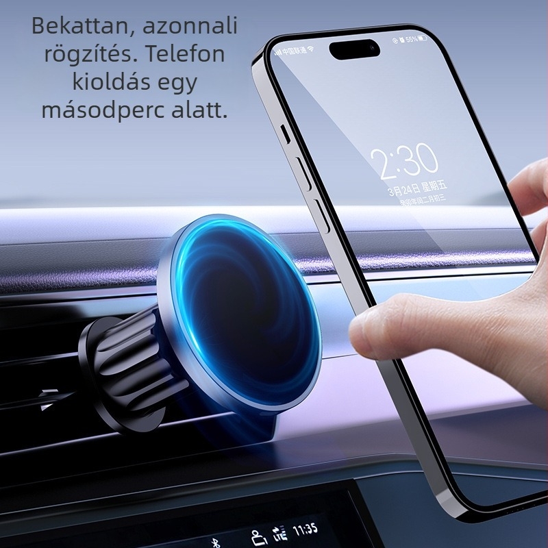 Autóba szánt mágneses telefontartó ventilációs nyíláshoz rögzíthető, vezeték nélküli töltés 15W