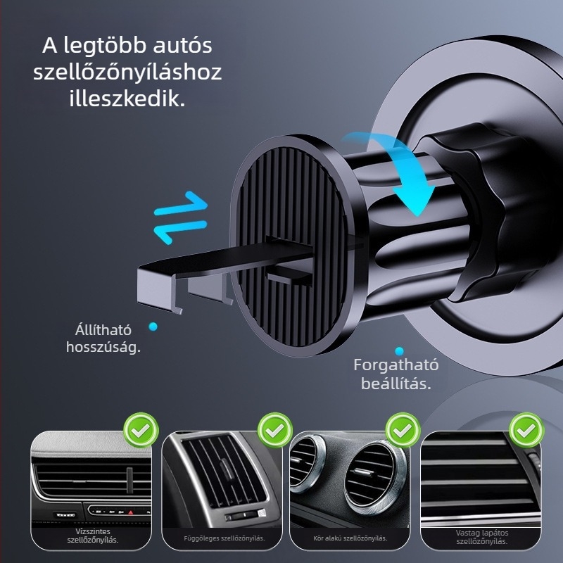 Autóba szánt mágneses telefontartó ventilációs nyíláshoz rögzíthető, vezeték nélküli töltés 15W