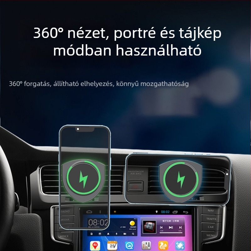 Autóhoz szánt vezeték nélküli töltő tartó - 360°-os forgás, mágneses töltés, 15W, szellőzőnyílásra szerelhető, univerzális kompatibilitás