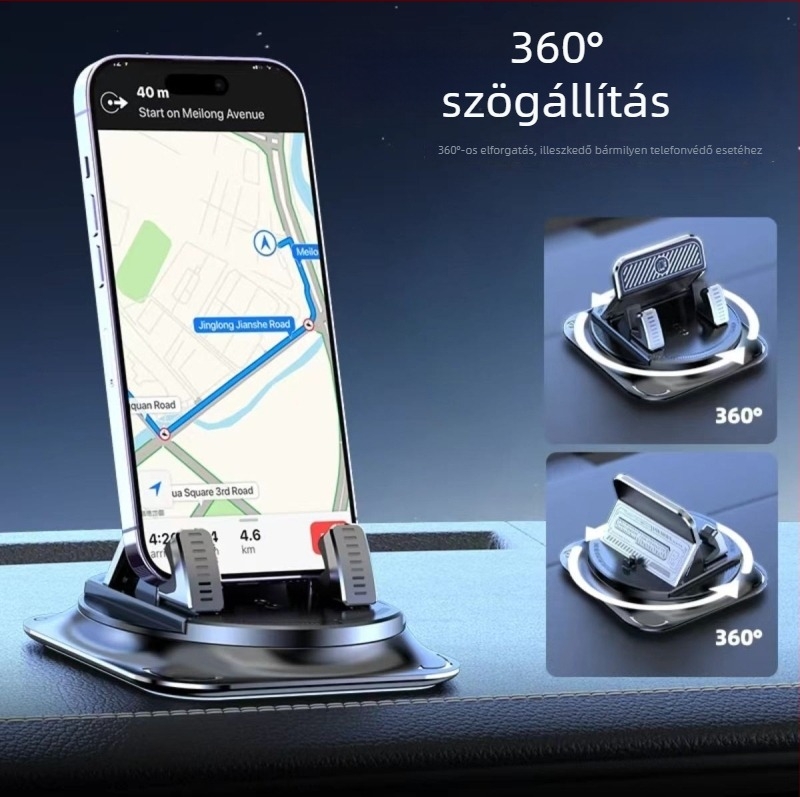 Autótelefon-tartó — 360° forgatás, ragasztós műszerfalra szerelés, univerzális kompatibilitás, csúszásmentes alátét a csomagban