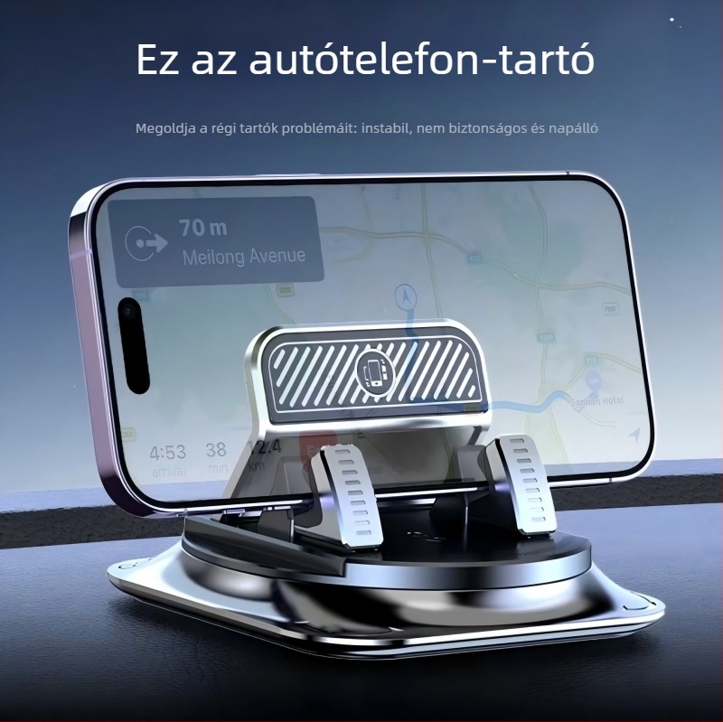 Autótelefon-tartó — 360° forgatás, ragasztós műszerfalra szerelés, univerzális kompatibilitás, csúszásmentes alátét a csomagban