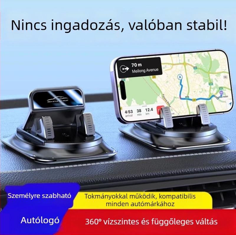 Autótelefon-tartó — 360° forgatás, ragasztós műszerfalra szerelés, univerzális kompatibilitás, csúszásmentes alátét a csomagban