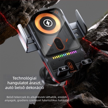 Elektromos rögzítő autótelefonhoz vezeték nélküli töltéssel, légkivezetőre rögzíthető, 15W-os töltés, snap-on telepítés, átlátszó cyberpunk dizájn