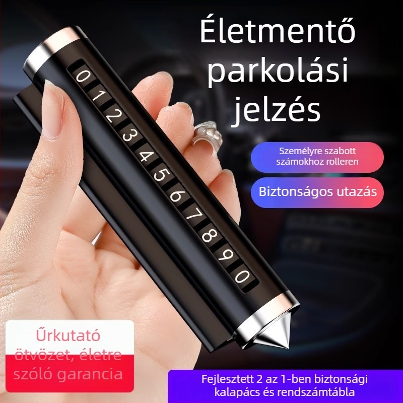 Autóablak törő eszköz telefonszám tartóval és parkolási biztonsági kalapáccsal — fém, modell TCHMPAI-001, Friendly márka