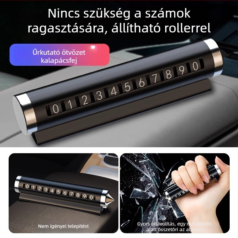 Autóablak törő eszköz telefonszám tartóval és parkolási biztonsági kalapáccsal — fém, modell TCHMPAI-001, Friendly márka