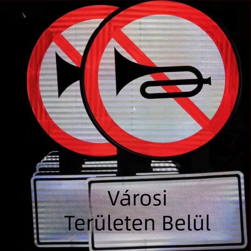 Reflektív alumínium útjelző tábla nemzeti és megyei utakra; sebességkorlátozás és figyelmeztető tábla