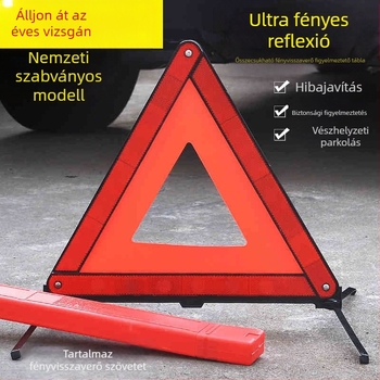Autó háromszög figyelmeztető jel háromlábú állványon, ABS műanyag, PP, fényvisszaverő anyag, összecsukható, forgalmi biztonság és vészhelyzetek
