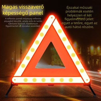 Autó háromszög figyelmeztető jel háromlábú állványon, ABS műanyag, PP, fényvisszaverő anyag, összecsukható, forgalmi biztonság és vészhelyzetek