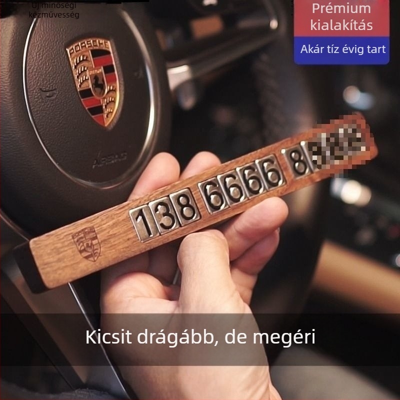 Diófából készült autós dísz, mozgó rendszámtábla ideiglenes parkoláshoz