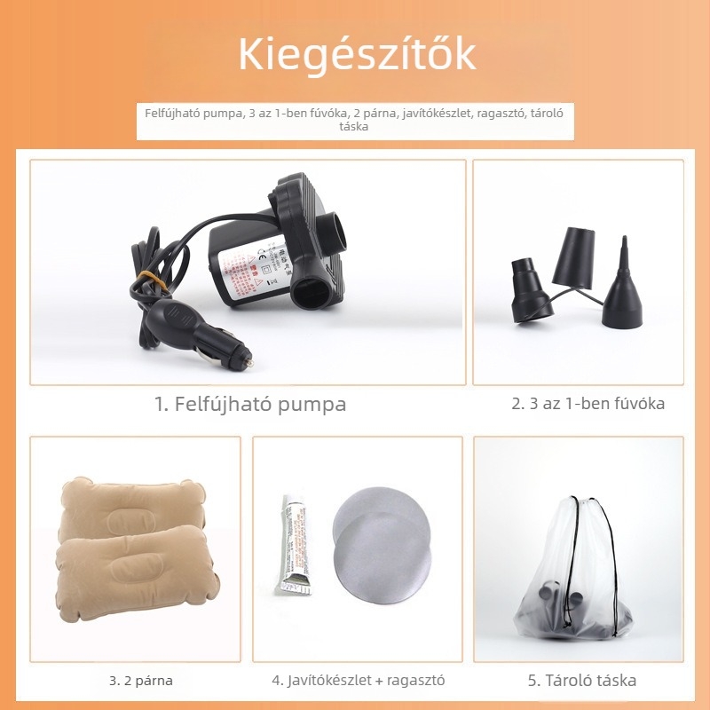 Autóhoz szerelhető felfújható ágy; környezetbarát PVC és flockált textil; automatikus felfújás; kopásálló; modell 001; teherbírás 200 kg