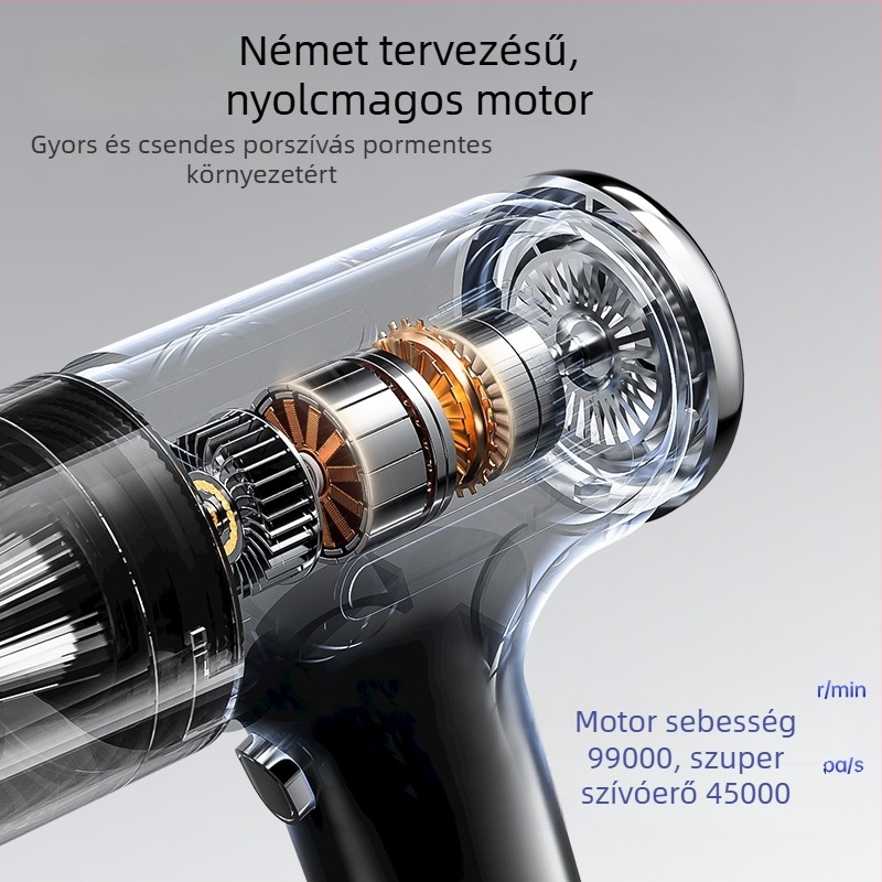 Hordozható autóporzsívó erős szívással: 70 W max, 20000 Pa, vezeték nélküli újratölthető, üzemidő 17–38 perc, HEPA szűrő