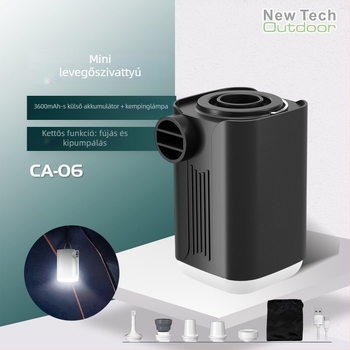 Tölthető 24V-os elektromos levegőpumpa kempingezéshez — fújja fel a sátrakat, matracokat és kanapékat; teljesítmény 80W alatt, 3600mAh akkumulátor, légáram 70 L/min felett, digitális kijelző