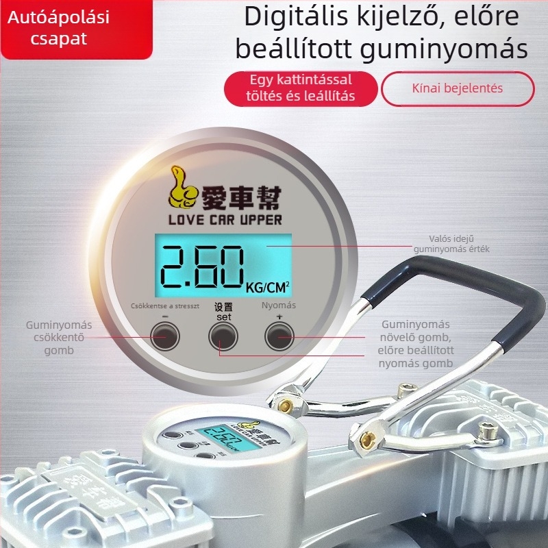 Kéthengeres autó guminyomás pumpa intelligens digitális kijelzővel, hordozható