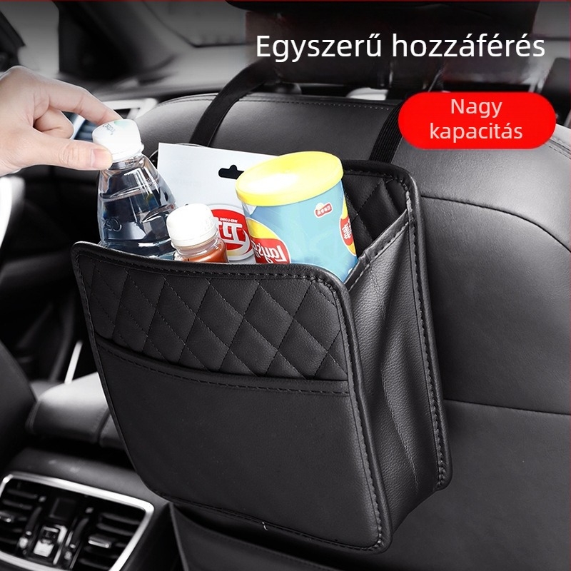 Bőr autóhátsó ülés tároló táska, szemetes és tároló funkcióval, összecsukható, vízálló, akasztóval, univerzális kompatibilitás