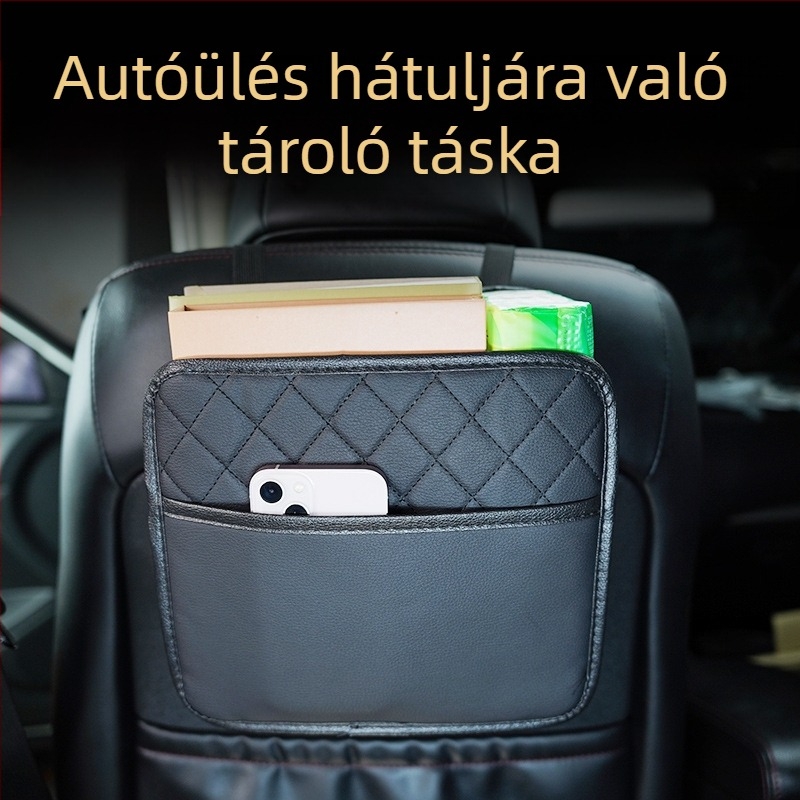 Bőr ülés hátuljára való tároló táska, akasztós autós szervező, univerzális kompatibilitás, fogantyúval és logónyomtatással