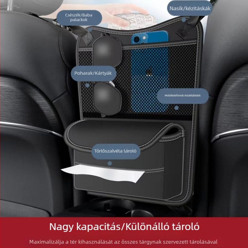 Autóülés középső tároló táska, bőrből, vízálló, akasztós (Ülés középső része; bőr; vízálló; akasztó)