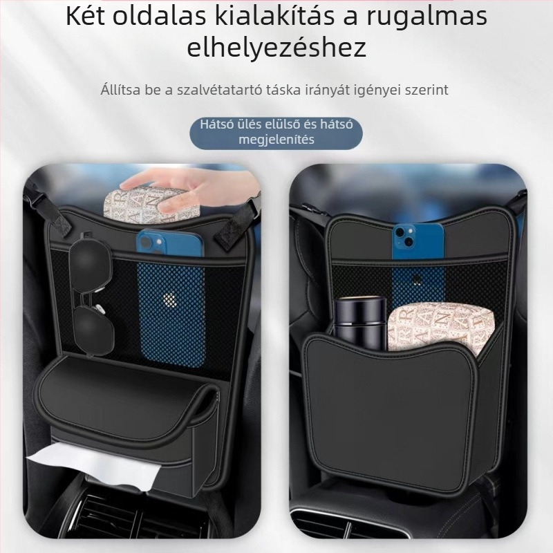Autóülés középső tároló táska, bőrből, vízálló, akasztós (Ülés középső része; bőr; vízálló; akasztó)
