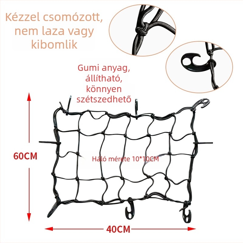 Rugalmas hálós táska 60×40 cm a csomagtartóhoz/kempingautóhoz, háló rögzítés kötéllel, kopásálló, megakadályozza a csomagok leesését