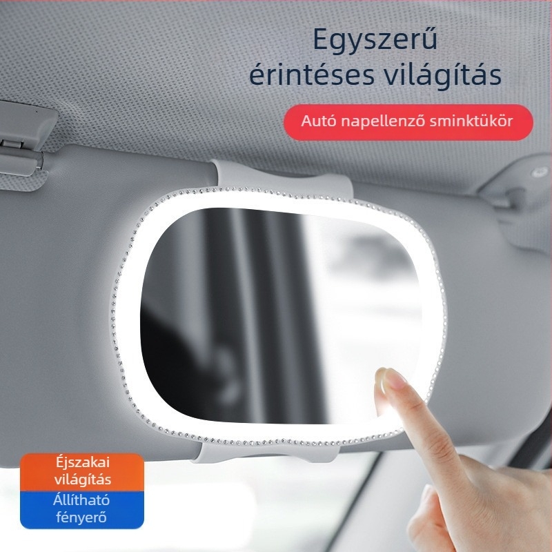 LED sminktükör autó napellenzőhöz, snap-on szerelés, érintésre működő LED világítás, beépített töltés