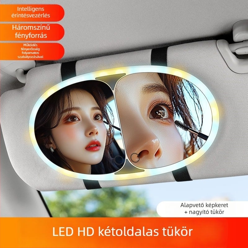 LED sminktükör autóhoz napellenzőre, érintéses LED világítással, snap-on rögzítés, tömege 325 g, márka Yeleno/yanilu