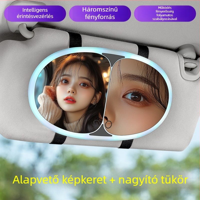 LED sminktükör autóhoz napellenzőre, érintéses LED világítással, snap-on rögzítés, tömege 325 g, márka Yeleno/yanilu