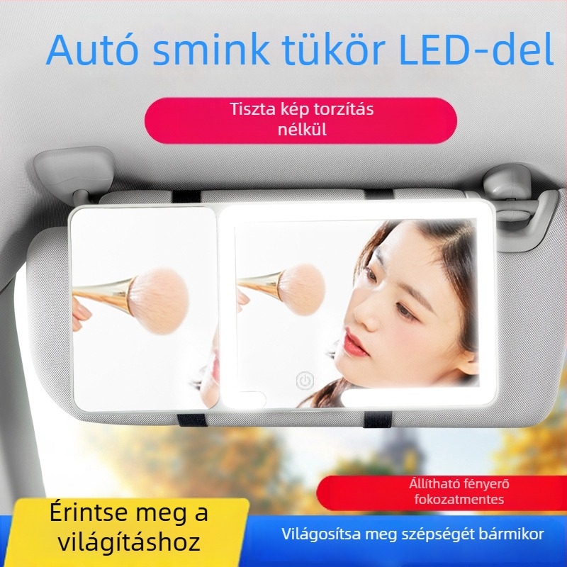 Autóhoz készült LED smink-tükör világítással és nagyítóval, snap-on rögzítés