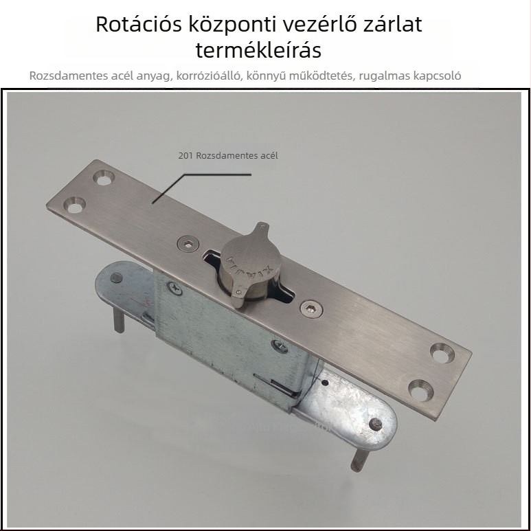 Kézi rozsdamentes acél ajtózár központi forgó mechanizmussal, rejtett működés, satin felület, modern minimalista kialakítás