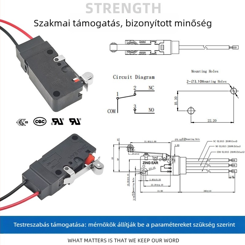 Zingear mikrokapcsoló az autó hátsó csomagtartófedélhez, porálló, 1 millió ciklus, UL/ENEC tanúsítvány, 36V max.