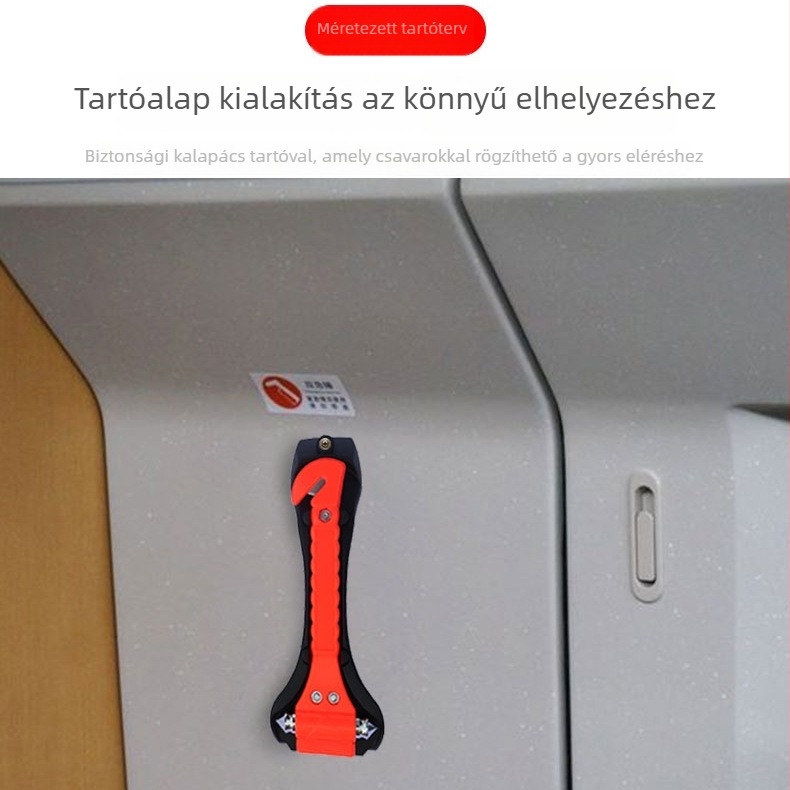 Autóvédelmi vészkalapács, ablakbetörő, többfunkciós mentőeszköz, anyag: ABS + acél, súly: 145 g, testreszabás elérhető, magáncímke licencelt