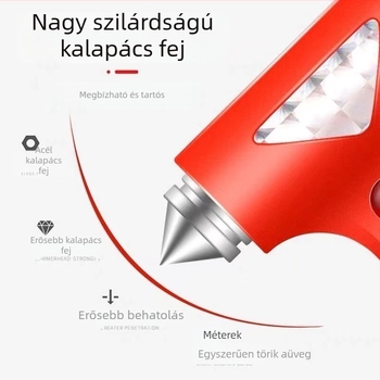 Autómentő sürgősségi kalapács, 2 az 1-ben: üvegbetörő és önmentő eszköz; anyag PP műanyag és nagy teherbírású acél; súly 0,12 kg
