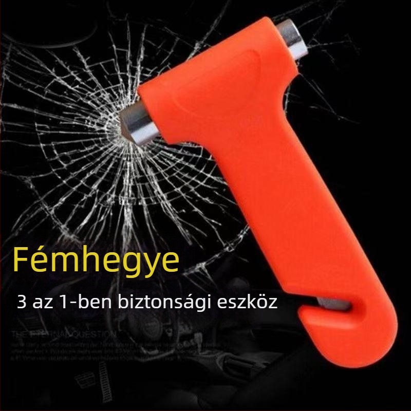 Autómentő sürgősségi kalapács, 2 az 1-ben: üvegbetörő és önmentő eszköz; anyag PP műanyag és nagy teherbírású acél; súly 0,12 kg