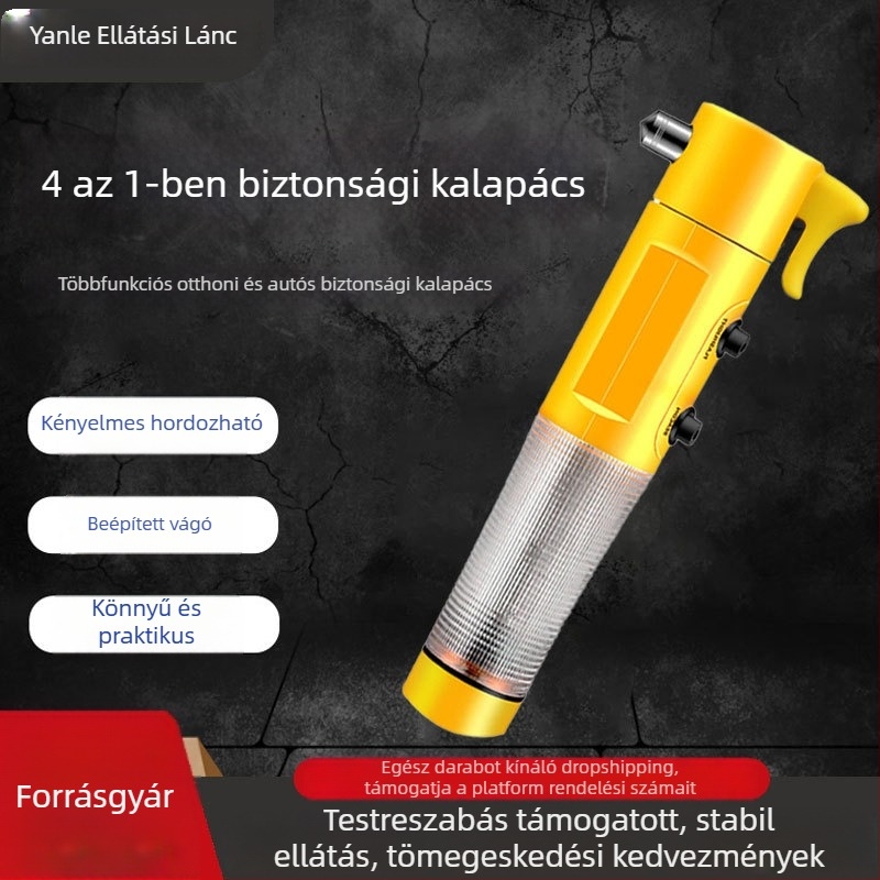 Autóban használható 4 az 1-ben biztonsági kalapács ablakszaggatóval, mágnessel, vész eszközzel, ABS műanyag, 150 g
