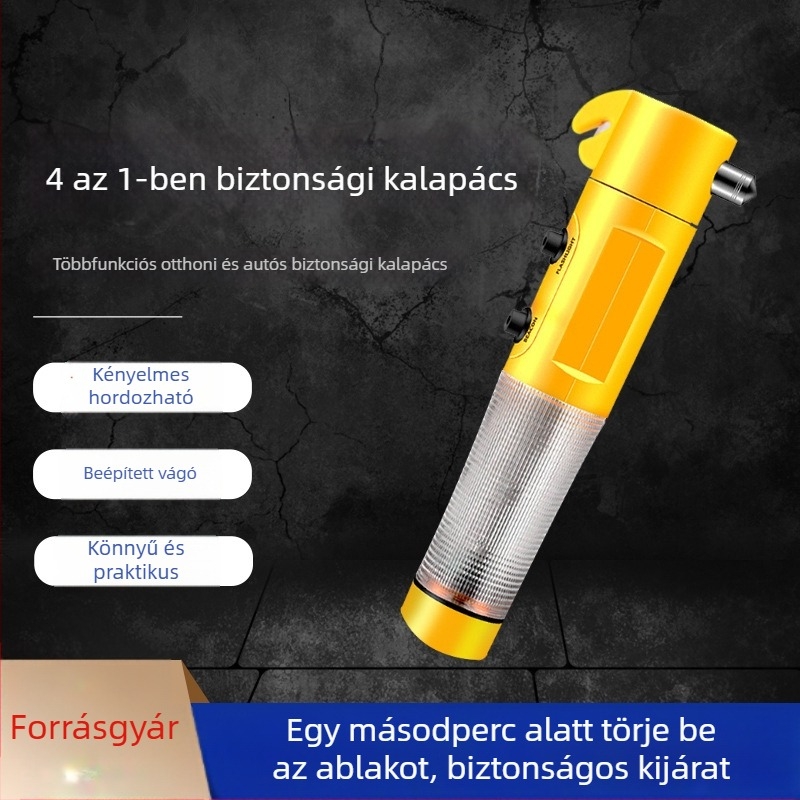 Autóban használható 4 az 1-ben biztonsági kalapács ablakszaggatóval, mágnessel, vész eszközzel, ABS műanyag, 150 g
