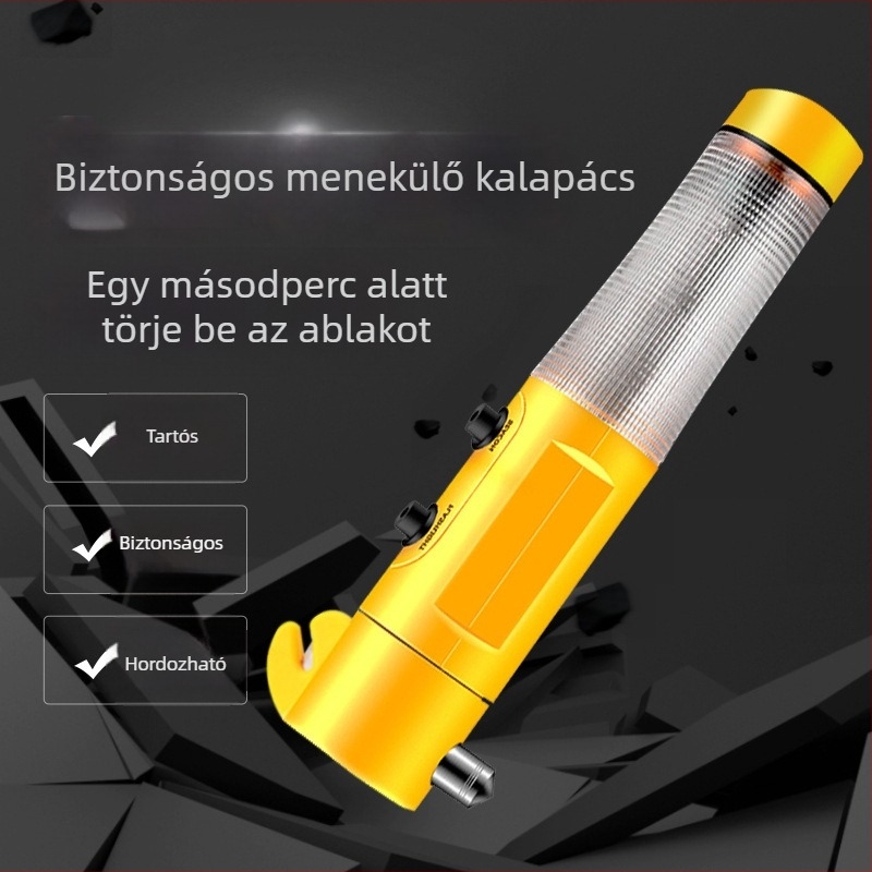 Autóban használható 4 az 1-ben biztonsági kalapács ablakszaggatóval, mágnessel, vész eszközzel, ABS műanyag, 150 g