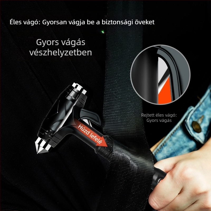 Autóba szerelhető biztonsági kalapács üveg törő és vágó funkciókkal, sürgősségi kimenekítő eszköz