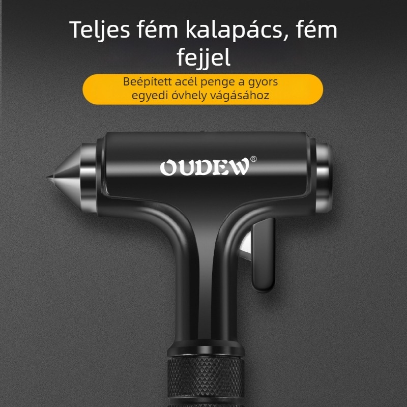 OUDEW USB újratölthető zseblámpa biztonsági kalapáccsal és ablaktörővel, alumínium ötvözet test, 305 g