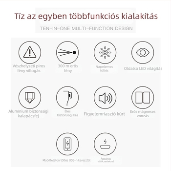 Autómentő kalapács zseblámpával és erős mágnessel, alumíniumötvözet test (Wing shield • alumíniumötvözet • Life hammer flashlight)