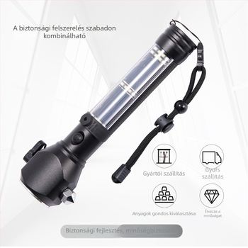 Autómentő kalapács zseblámpával és erős mágnessel, alumíniumötvözet test (Wing shield • alumíniumötvözet • Life hammer flashlight)