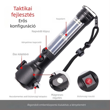 Autómentő kalapács zseblámpával és erős mágnessel, alumíniumötvözet test (Wing shield • alumíniumötvözet • Life hammer flashlight)