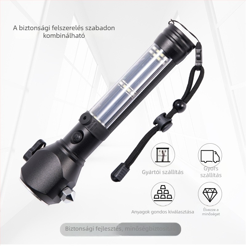 Autómentő kalapács zseblámpával és erős mágnessel, alumíniumötvözet test (Wing shield • alumíniumötvözet • Life hammer flashlight)