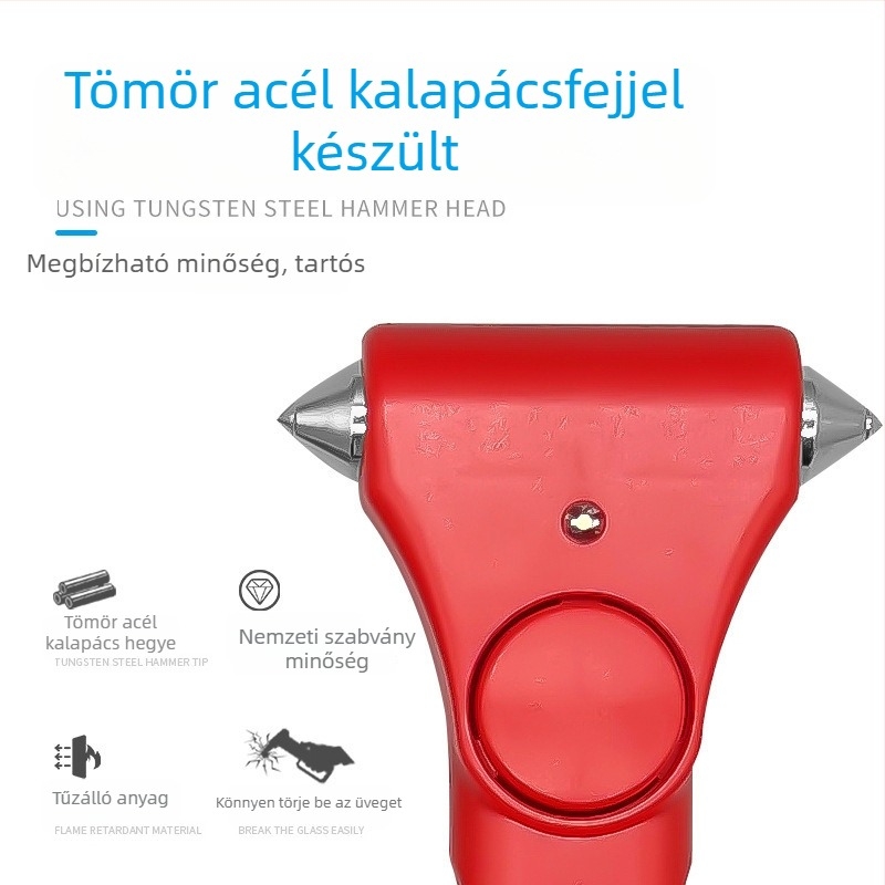Ablakbetörő vészhárító kalapács, tűzvédelmi funkciókkal, multifunkcionális rozsdamentes acél önmentő eszköz övvágóval