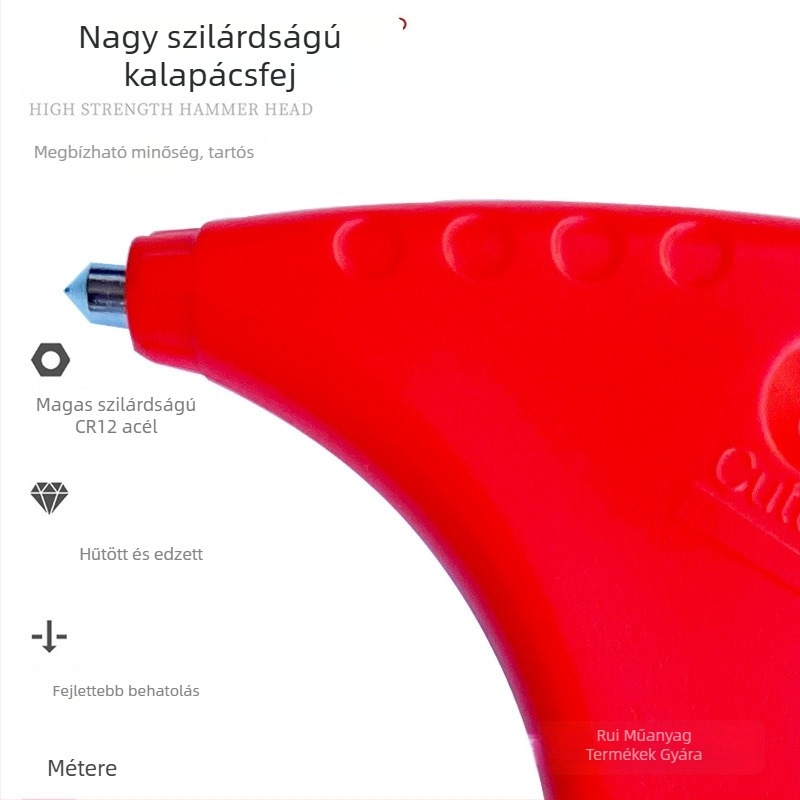 Autó biztonsági kalapács – kétfunkciós vészhelyzeti eszköz üvegbetörővel és menekülési funkcióval; Anyag: ABS+acél; Tömeg: 53 g; Márka: Car shixing